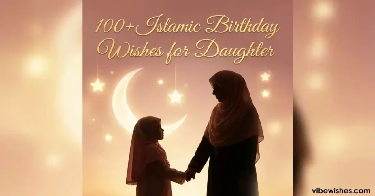 A beautiful silhouette of a mother holding her young daughter's hands under a crescent moon, featuring the text 100+ Islamic Birthday Wishes for Daughter.