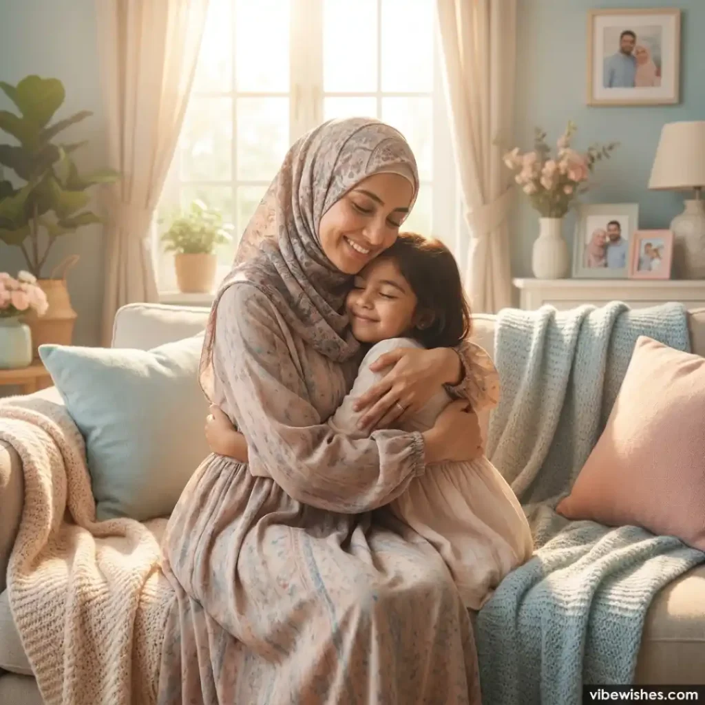 A heartwarming scene of a Muslim mother in a floral hijab hugging her young daughter tightly on a sofa, representing loving Islamic Birthday Wishes for Daughter.