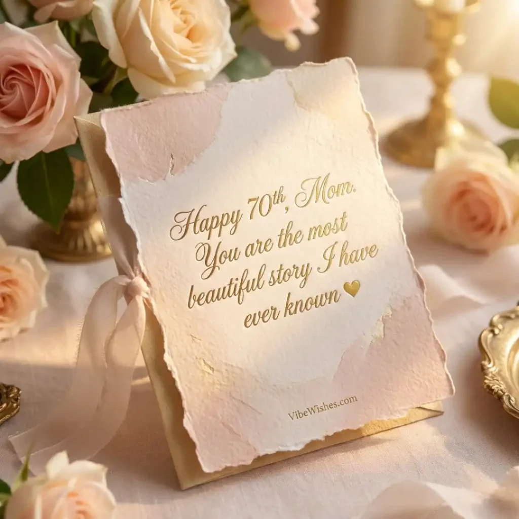 A close-up of an elderly woman looking down thoughtfully and happily, matching the mood of heartfelt 70th birthday wishes.