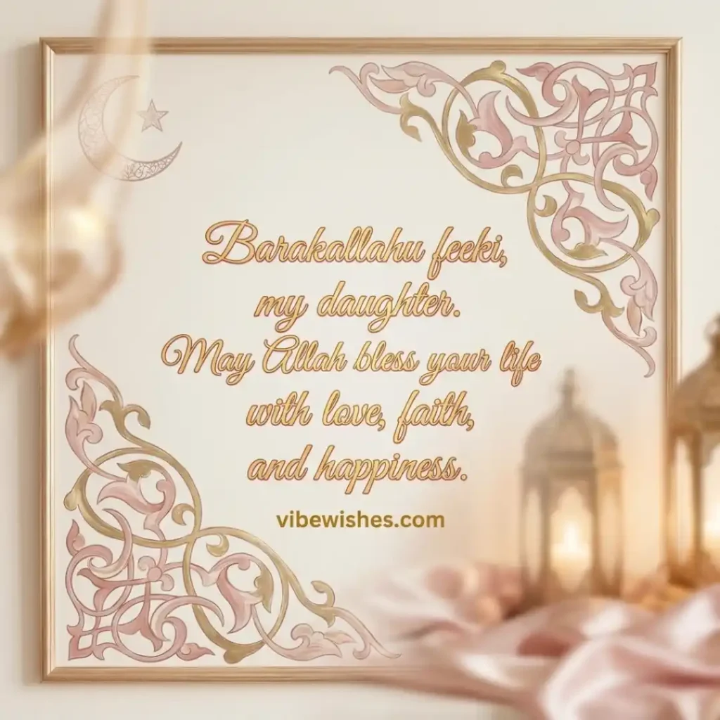 A decorative greeting card with elegant borders featuring the prayer Barakallahu feeki and Islamic Birthday Wishes for Daughter.