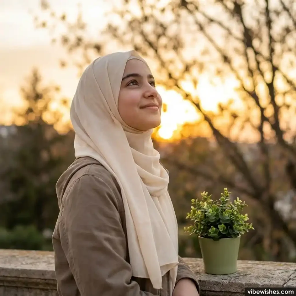 A teenage Muslim girl in a cream hijab looking up at the sky with a hopeful smile, perfect for inspiring Islamic Birthday Wishes for Daughter.