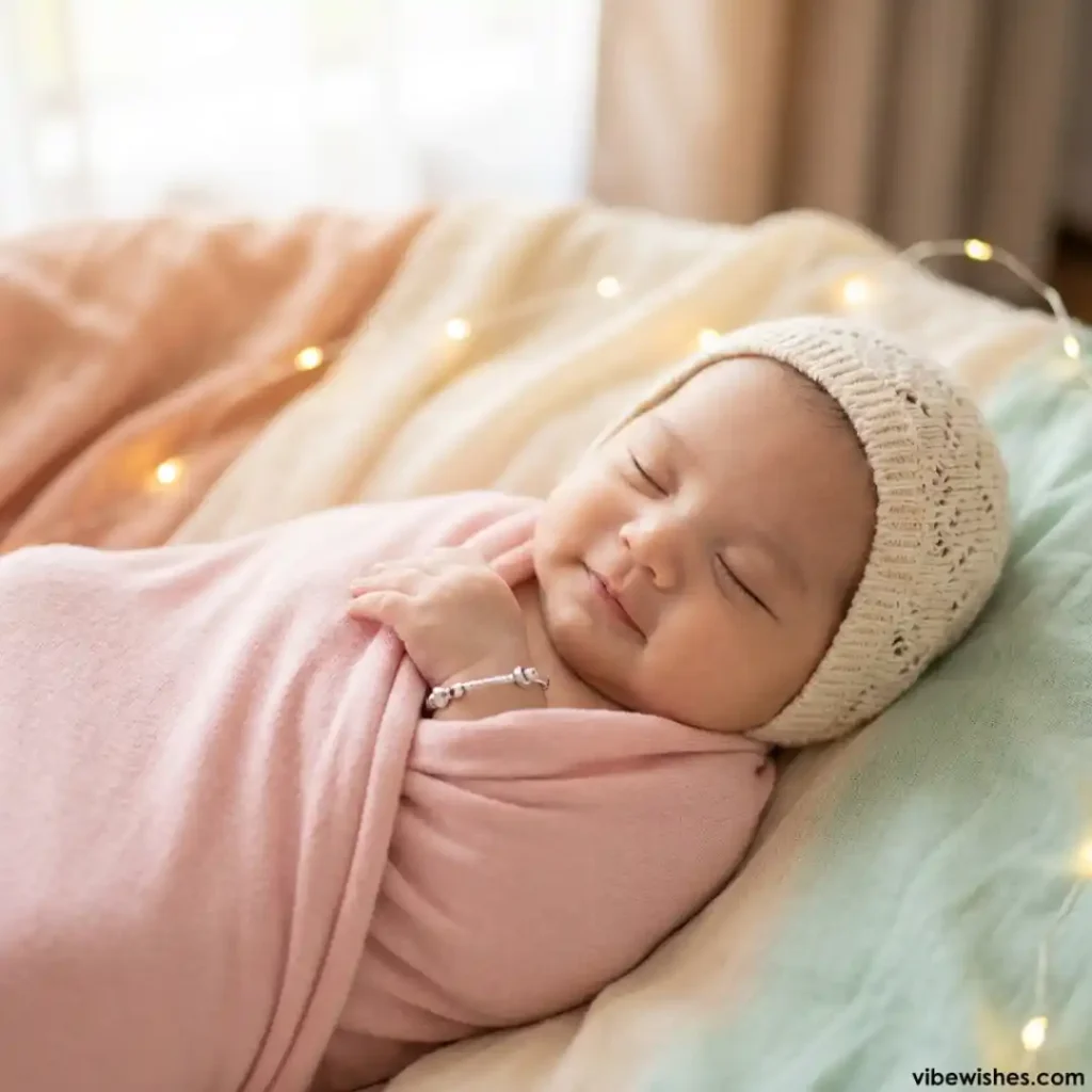 A peaceful sleeping newborn baby girl wrapped in a pink swaddle, ideal for celebrating a first milestone with Islamic Birthday Wishes for Daughter.