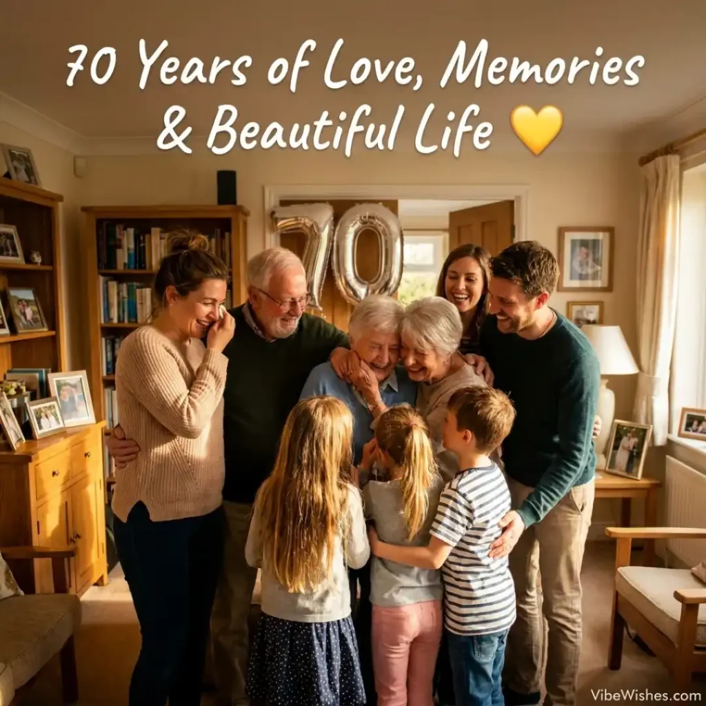 A senior woman sitting quietly on a couch in a cozy room, representing thoughtful 70th birthday wishes.