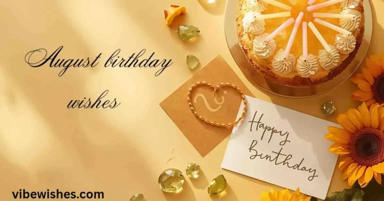 August birthday wishes 2026 with golden summer birthday cake and sunflowers