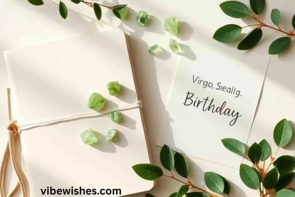 Virgo august birthday wishes with sage green crystals and minimal zodiac aesthetic