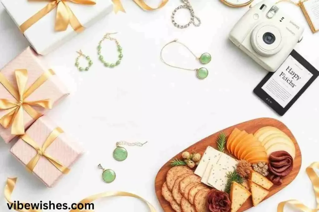 August birthday gift ideas 2026 with jewellery camera and wrapped presents flatlay