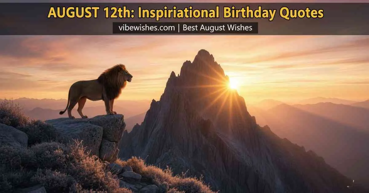 A powerful lion standing on a mountain peak at sunrise, representing inspirational August 12 birthday quotes.