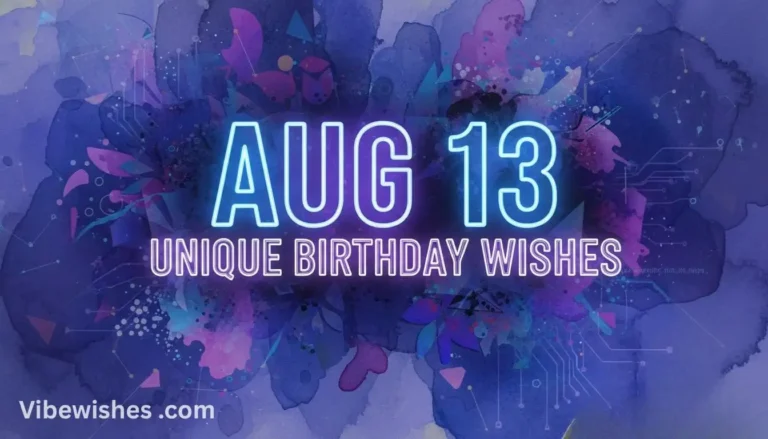 Neon blue text for august 13th birthday unique wishes on a purple watercolor background.