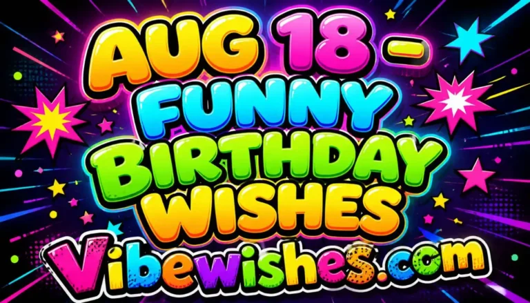 Vibrant and colorful August 18 funny birthday wishes graphic for vibewishes.com.