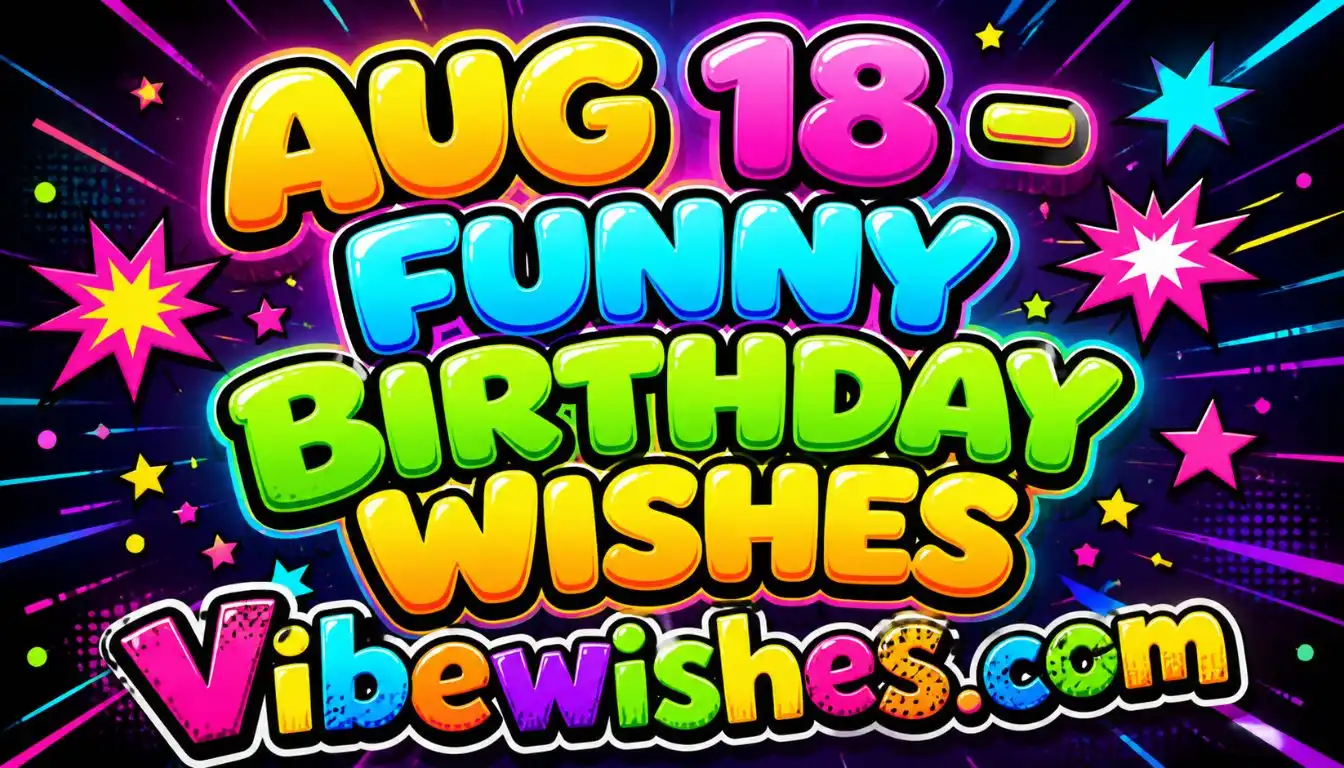 Vibrant and colorful August 18 funny birthday wishes graphic for vibewishes.com.