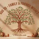 August 25 family and friends birthday wishes with a symbolic tree illustration on a warm earth-tone background.