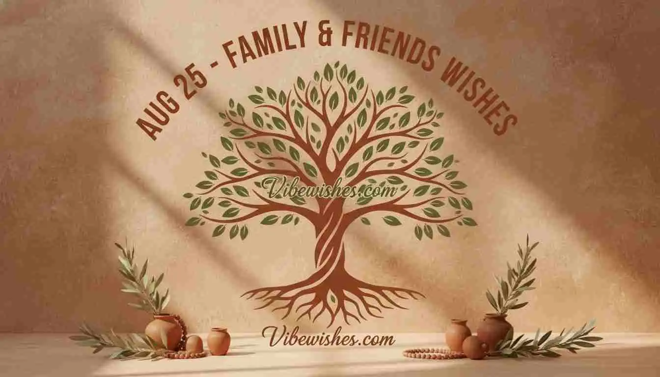 August 25 family and friends birthday wishes with a symbolic tree illustration on a warm earth-tone background.