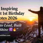 A man standing on a mountain peak at sunrise with august 1 birthday quotes text.