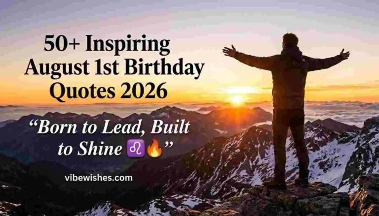 A man standing on a mountain peak at sunrise with august 1 birthday quotes text.