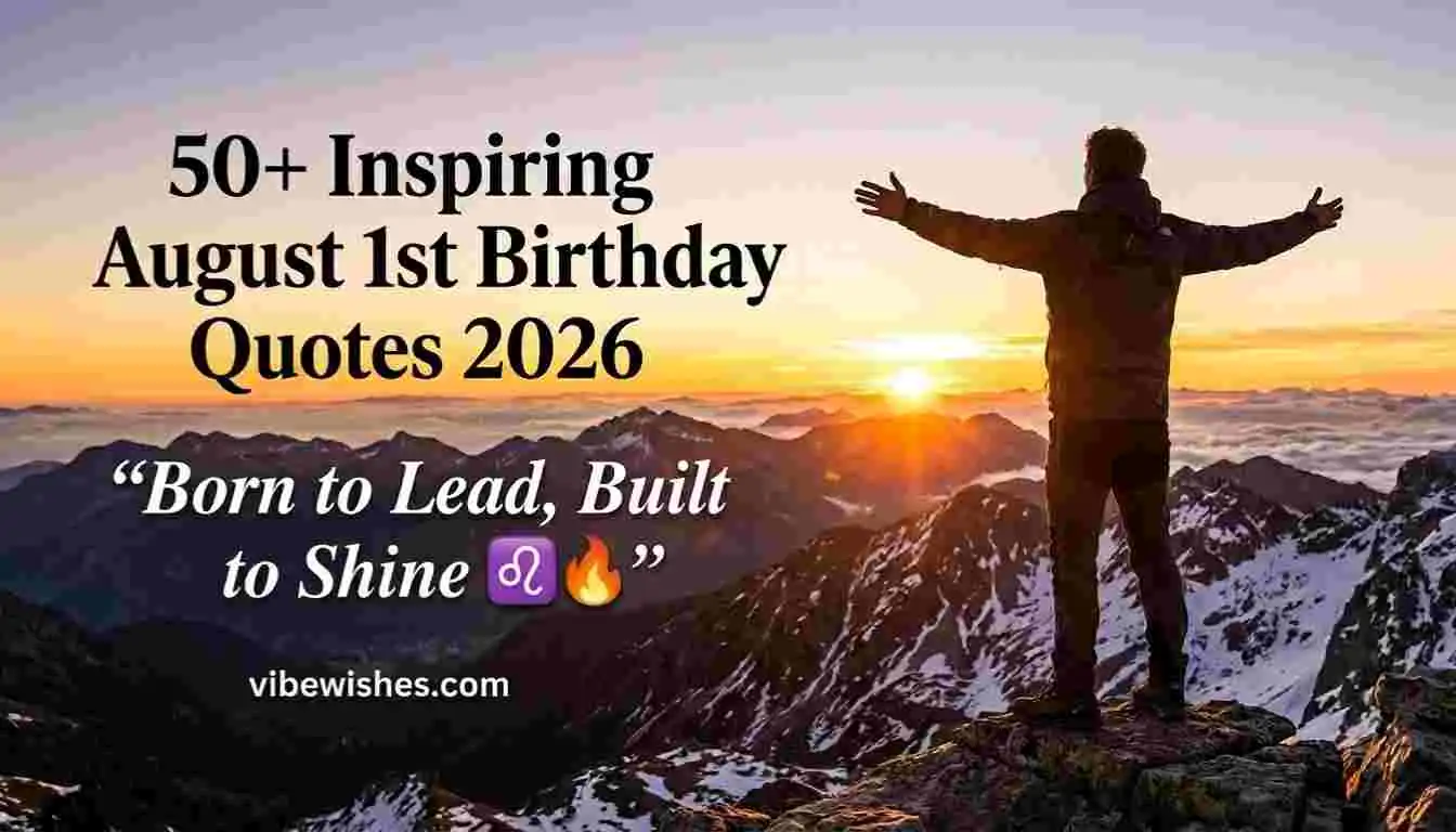 A man standing on a mountain peak at sunrise with august 1 birthday quotes text.