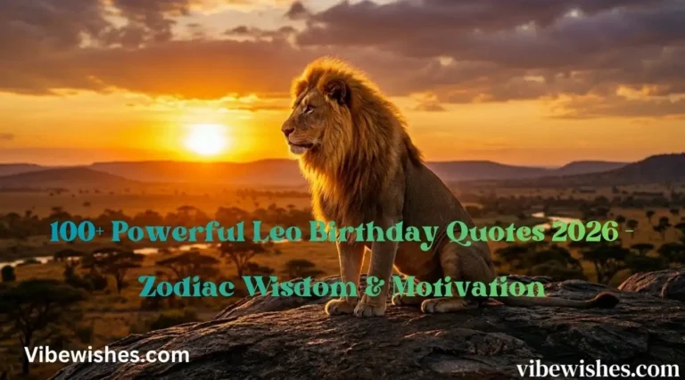 A powerful lion sitting on a rock at sunset with Leo birthday quotes 2026 text.