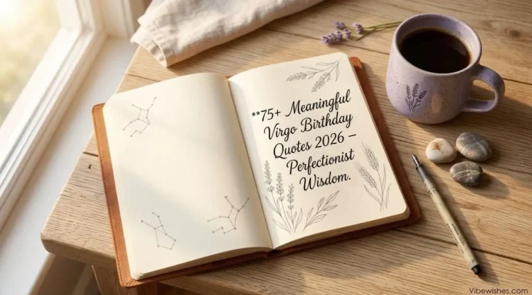An open notebook on a wooden table with Virgo birthday quotes 2026 text.