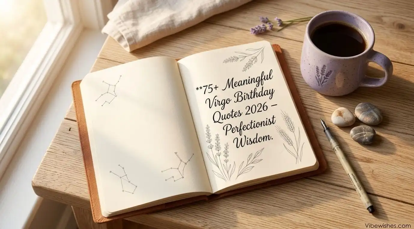 An open notebook on a wooden table with Virgo birthday quotes 2026 text.