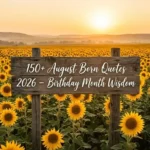 A wooden sign in a sunflower field with 150+ August Born Quotes 2026 text.