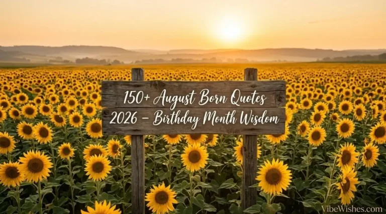 A wooden sign in a sunflower field with 150+ August Born Quotes 2026 text.