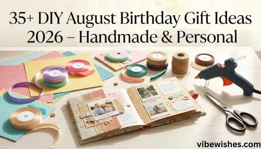 A collection of craft tools and a title card for a DIY August birthday gift.