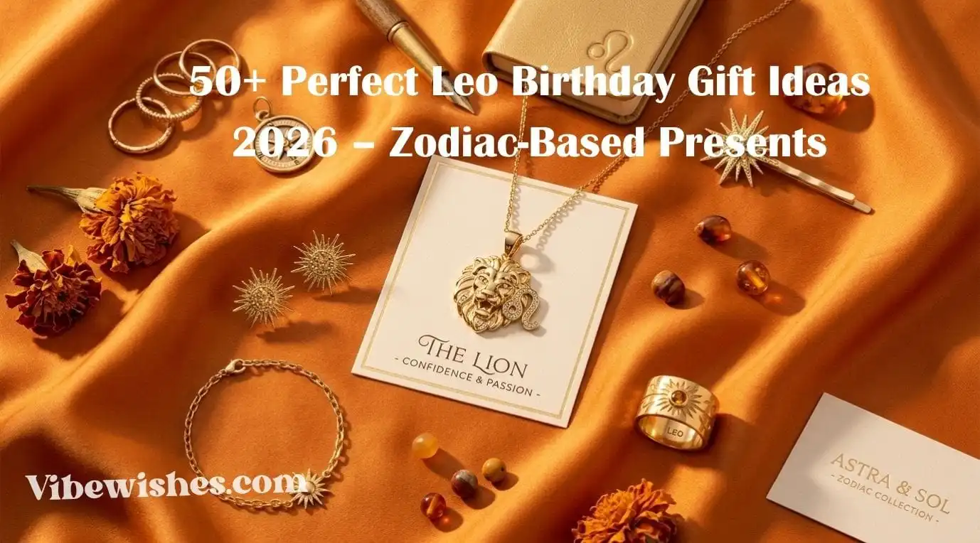 A collection of gold Leo zodiac jewelry and accessories for a Leo birthday gift.