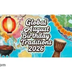 A colorful world map banner illustrating various global August birthday traditions including festivals and food.