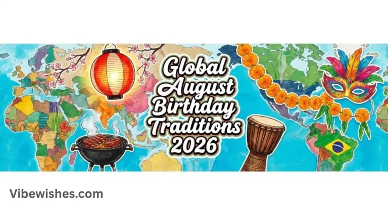 A colorful world map banner illustrating various global August birthday traditions including festivals and food.