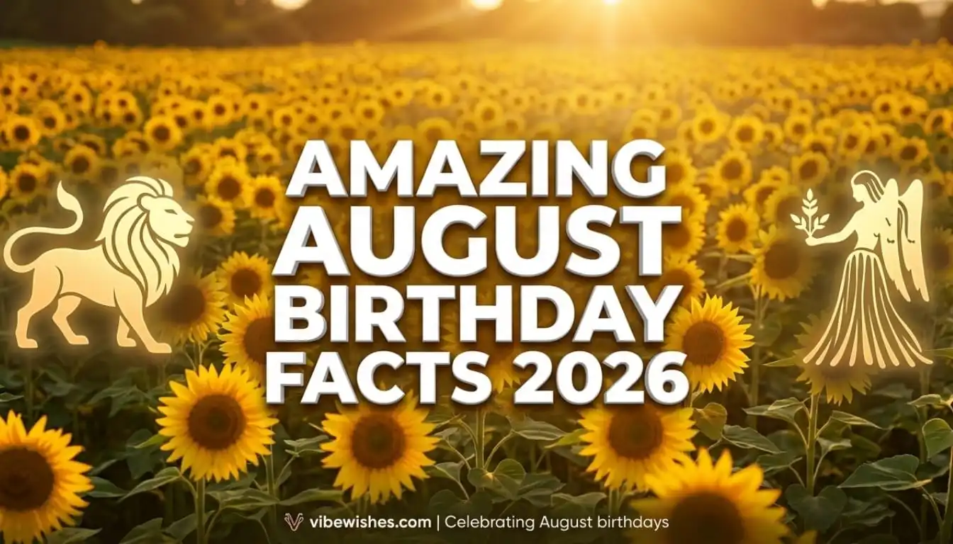 A wide banner showing a field of sunflowers with the text Amazing August Birthday Facts 2026 and zodiac signs for Leo and Virgo.