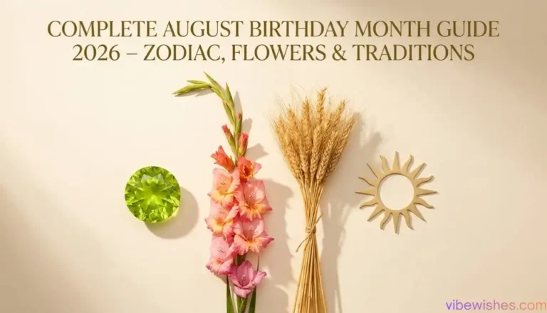 A horizontal banner titled Complete August Birthday Month Guide 2026 featuring a peridot gemstone, gladiolus flower, wheat, and a sun symbol.
