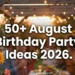 A group of friends laughing at an outdoor dinner table under fairy lights for an August birthday party idea.