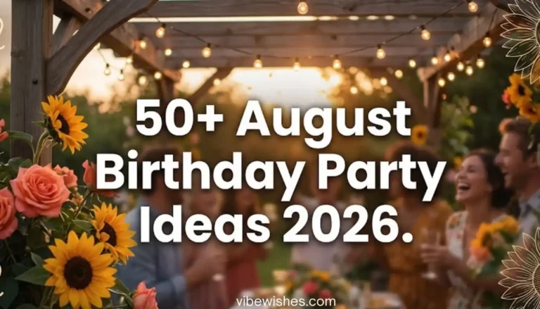 A group of friends laughing at an outdoor dinner table under fairy lights for an August birthday party idea.