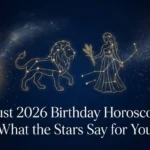 A horizontal banner for the ultimate August birthday horoscope 2026 guide featuring golden Leo and Virgo symbols.