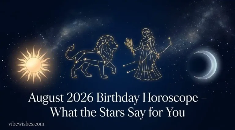 A horizontal banner for the ultimate August birthday horoscope 2026 guide featuring golden Leo and Virgo symbols.