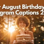 A 2:1 banner for August birthday caption ideas featuring a bright sunflower field and zodiac symbols.