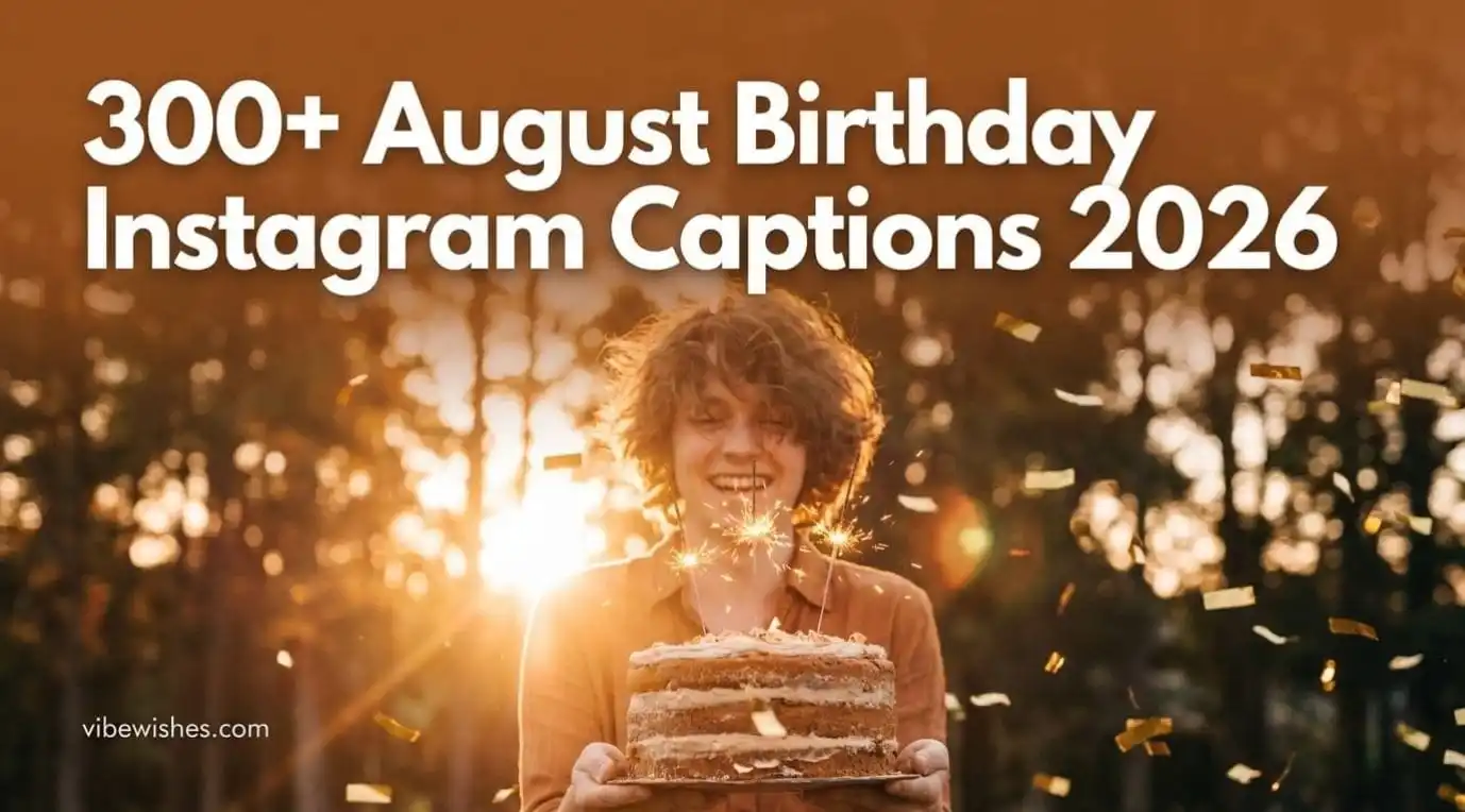 A 2:1 banner for August birthday caption ideas featuring a bright sunflower field and zodiac symbols.