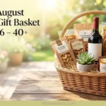 A wide banner for an August birthday gift basket guide with summer sunflowers and zodiac symbols.