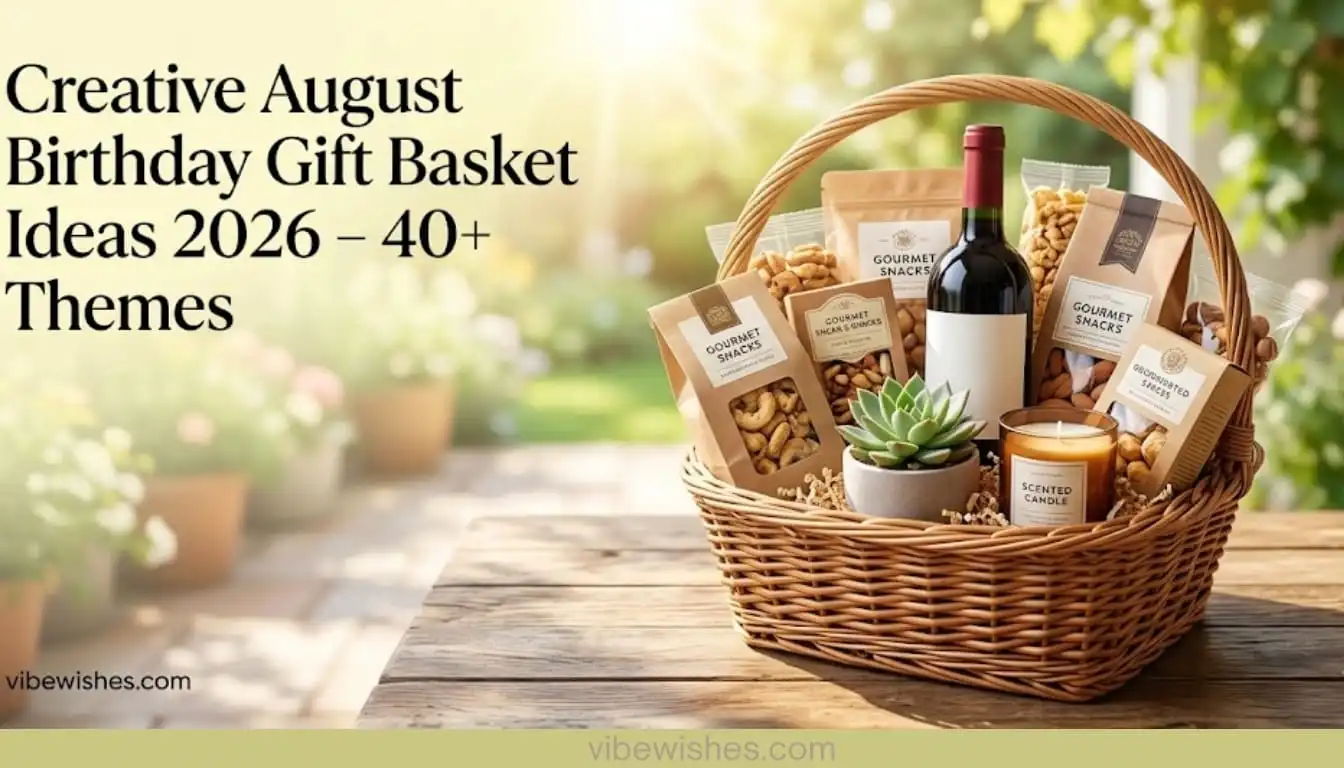 A wide banner for an August birthday gift basket guide with summer sunflowers and zodiac symbols.