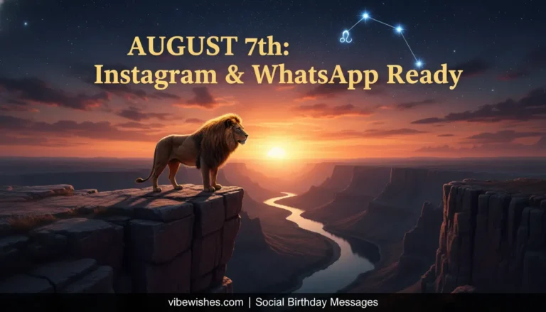 Cinematic golden lion on a sunset cliff with Leo constellation for August 7 birthday captions - vibewishes.com.