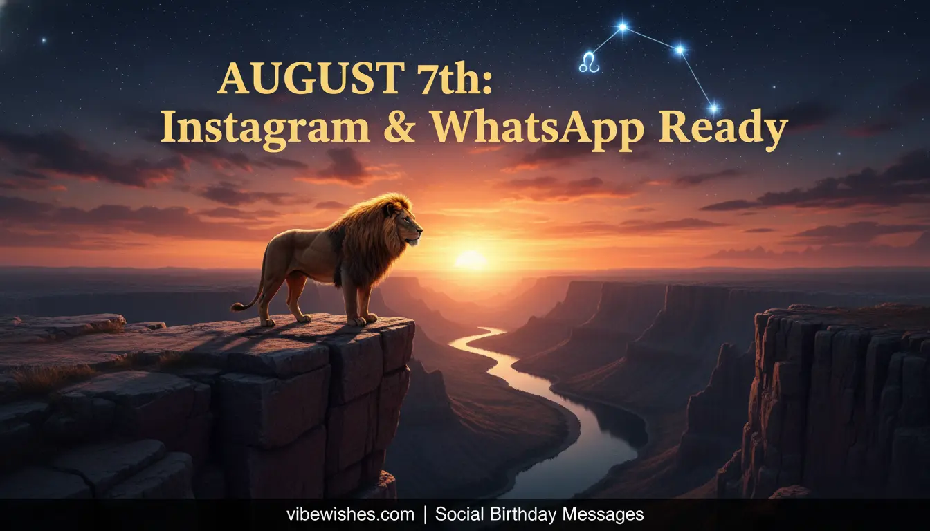 Cinematic golden lion on a sunset cliff with Leo constellation for August 7 birthday captions - vibewishes.com.