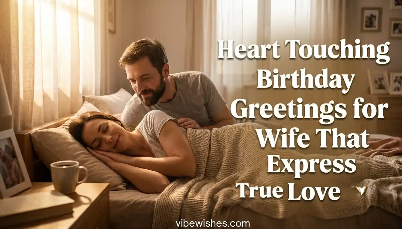 Husband looking at his wife with Heart Touching Birthday Greetings for Wife text overlay.