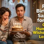 A husband holding a birthday cake looking worried while his wife laughs at a funny birthday saying for wife.