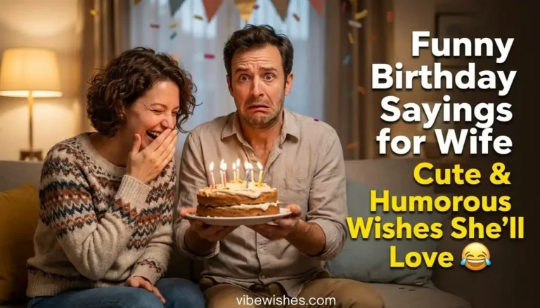 A husband holding a birthday cake looking worried while his wife laughs at a funny birthday saying for wife.