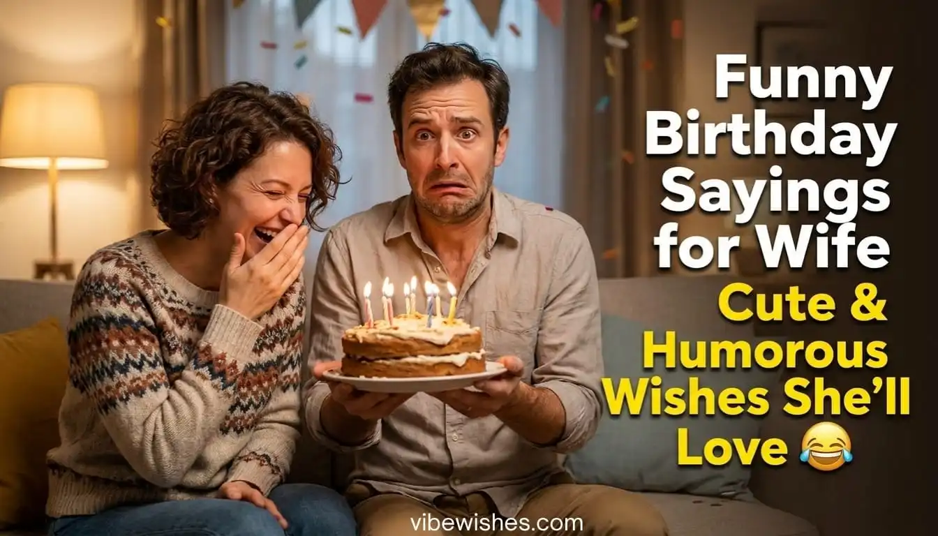 A husband holding a birthday cake looking worried while his wife laughs at a funny birthday saying for wife.
