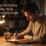 A husband sitting at a wooden desk under a warm lamp light, writing emotional birthday notes to my wife in a leather journal.