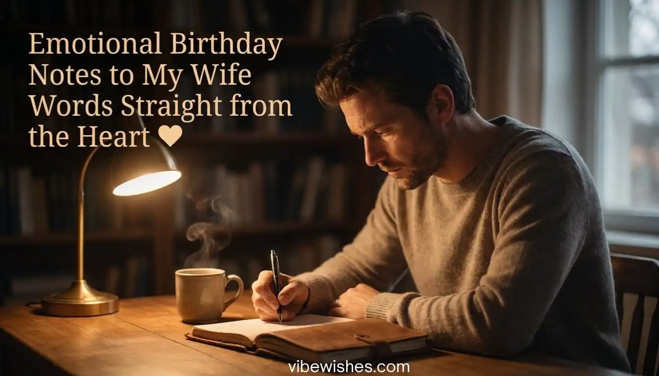 A husband sitting at a wooden desk under a warm lamp light, writing emotional birthday notes to my wife in a leather journal.