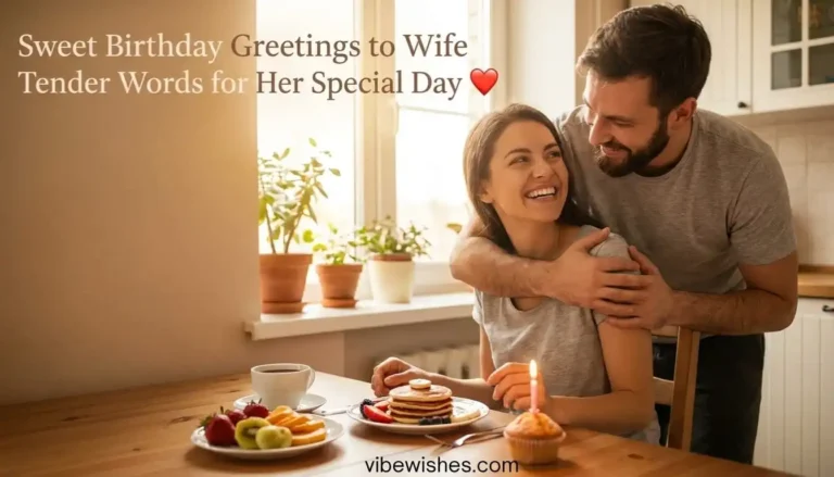 A husband hugging his smiling wife from behind during a birthday breakfast with pancakes and a cupcake, representing sweet birthday greetings to wife.