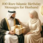 A Muslim couple in traditional Arabic attire sitting on a luxury sofa while holding a big gift box, perfect for sharing Islamic birthday messages for husband.