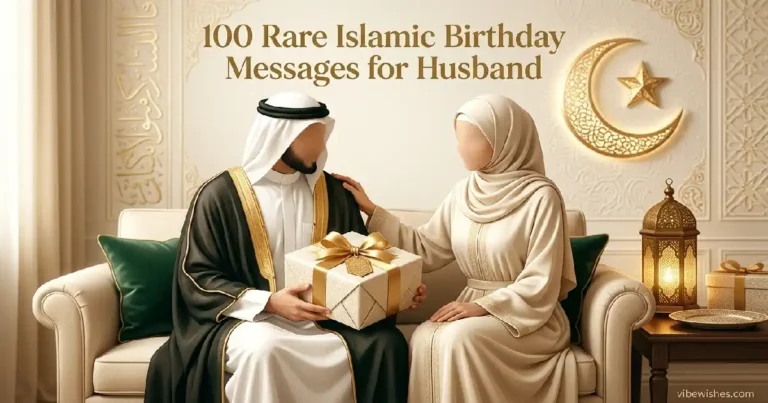 A Muslim couple in traditional Arabic attire sitting on a luxury sofa while holding a big gift box, perfect for sharing Islamic birthday messages for husband.