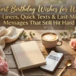 A cozy wooden table with a notebook, a coffee cup featuring heart latte art, pink roses, and a smartphone displaying a text message next to the main title text Short Birthday Wishes for Wife: One-Liners, Quick Texts & Last-Minute Messages That Still Hit Hard.